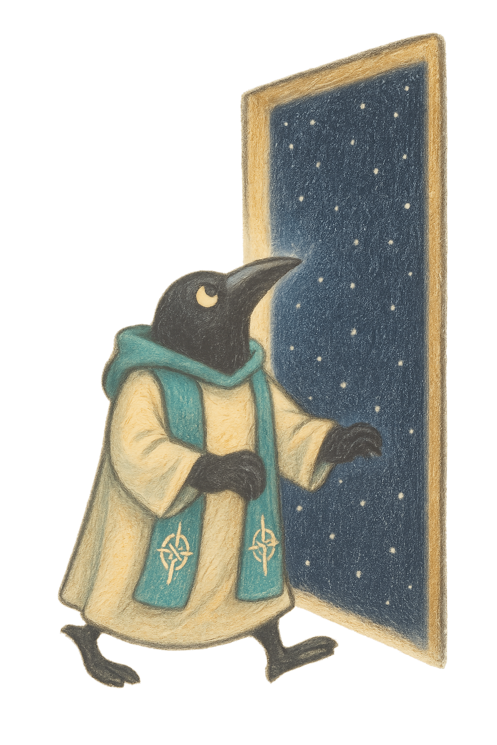 Ilustración: un cuervo con casulla atraviesa una puerta estrellada